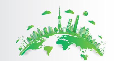 Vector illustration. Eco friendly concept, Green city save the world,