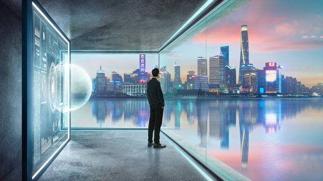 Businessman in suit. with virtual 3d holographic interface screens . Futuristic business, technology, internet and social networking technology concept .