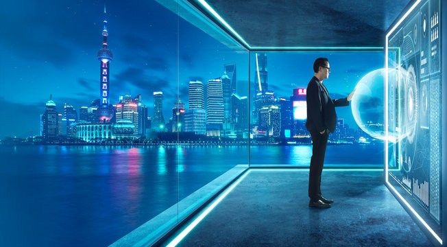 Businessman in suit working with virtual 3d holographic interface screens . Futuristic business, technology, internet and social networking  technology concept . - Powered by Adobe
