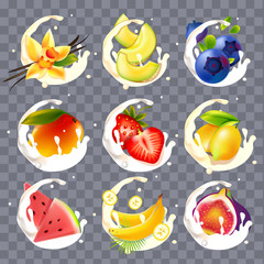 Realistic fruit, beries with milk and yogurt splashes