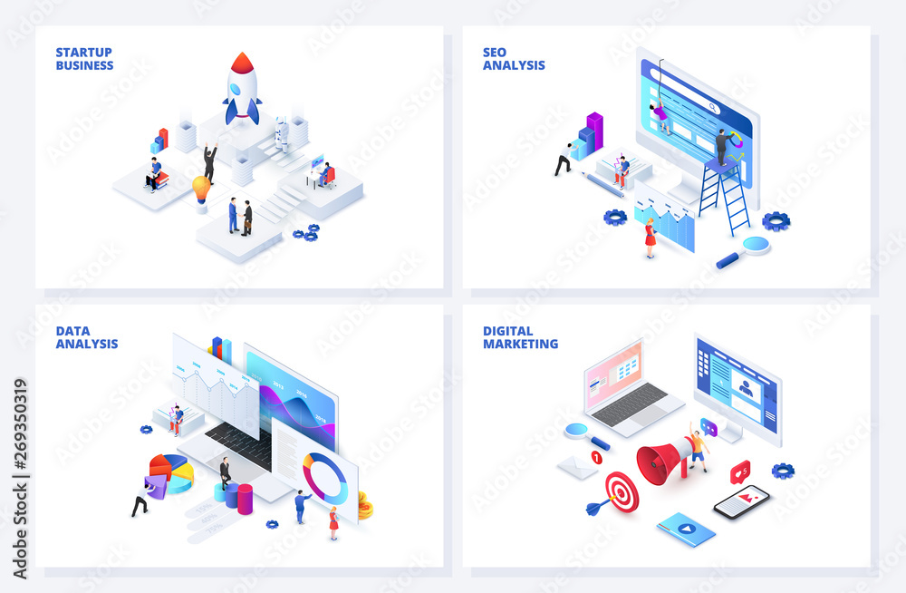 Poster isometric 3d illustrations set. startup, seo and data analysis, digital marketing with characters.