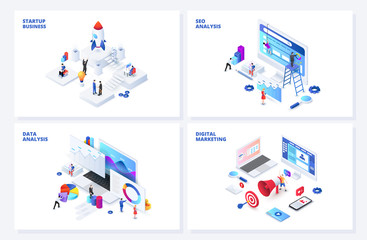 Fototapeta Isometric 3d illustrations set. Startup, seo and data analysis, digital marketing with characters. obraz