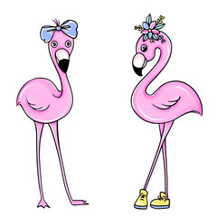 Vector cute Pink flamingos set. Summer illustration.