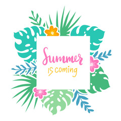 Vector frame with tropical leaves, flowers and lettering