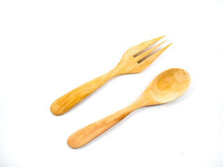 Wooden Spoon and fork on a white