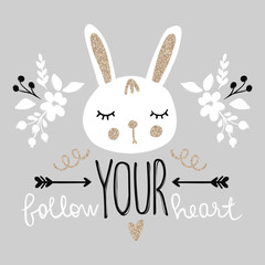 Obraz na płótnie Canvas Cute bunny. Funny illustration. Lovely rabbit with golden glitter.