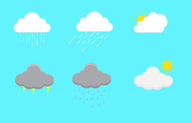 Collection of weather cloud isolated on blue background. season summer, rain, storm, lightning.  Vector icon illustration.