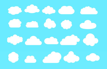 Collection of white cloud isolated on blue background. Vector icon illustration