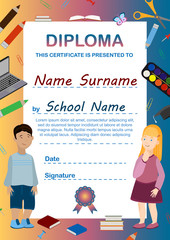 Diploma template for preschool and primary school. Vertical A4 format for printing. Certificate design for boy and girl with school objects. Congratulations for graduation. Vector illustration