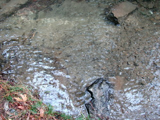 An interesting view of an amateur of mountain hikes on the stone bottom of a mountain river through the prism of its crystal clear water with reflections of sun rays.