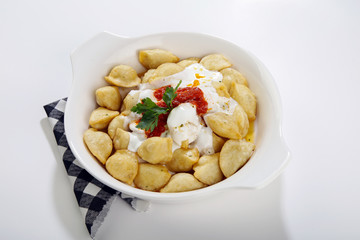 turkish traditional food named manti top view isolated