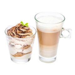 Classic tiramisu dessert in a glass and cup of coffee isolated on a white background with clipping path