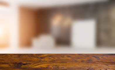 Empty interior with large window. Retro light bulb. The floor is of brown parquet.  3D rendering. wooden table. blurred background