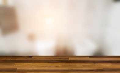 Empty interior with large window. Retro light bulb. The floor is of brown parquet.  3D rendering. wooden table. blurred background