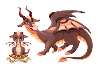 Deurstickers Dragon of Earth Element in twee varianten, puppy en volwassen © ddraw