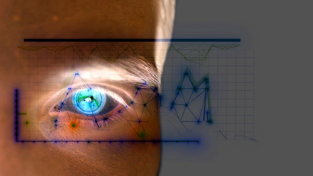 Close up of male eye with iris scan on a grey background. Future technology, identity recognition and vision concept.