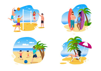Fototapeta premium Family and Friends Summer Activities on Beach Set