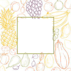 Fototapeta na wymiar Vector frame with hand drawn fruits on white background. Sketch illustration.