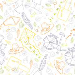 Summer  vector pattern with kites and bikes. Sketch illustration