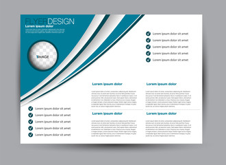 Landscape wide flyer template. Billboard banner abstract background design. Business, education, presentation, advertisement concept. Blue color. Vector illustration.