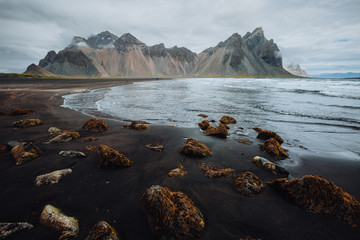 Exotic landscape of the volcanic beach. Location Stokksnes cape, Vestrahorn, Iceland, Europe.