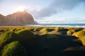 Majestic landscape on sunny day. Location Stokksnes cape, Vestrahorn (Batman Mount), Iceland.