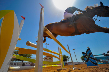 The bottom view on the rider on horse jumping over a hurdle during the equestrian event
