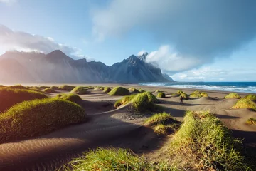 Deurstickers Majestic landscape on sunny day. Location Stokksnes cape, Vestrahorn (Batman Mount), Iceland. © Leonid Tit