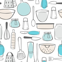 Hand drawn kitchenware. Vector  seamless pattern