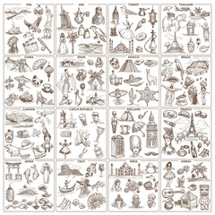 Worldwide traveling and tourism landmarks and attractions sketches sightseeing