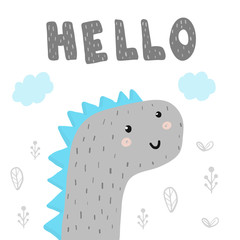 Hello hand drawn print with cute fantastic animal. Vector illustration