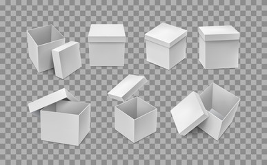 Opened and closed cardboard packaging boxes. Warehouse shipping and freight transportation. Realistic white paper boxes isolated on transparent background. Blank mockup box vector illustration.