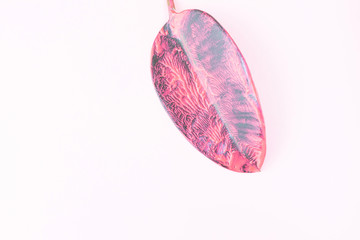 Creative image - leaf of ficus in pink paint on pastel background. Design, minimalism, flat lay, top view, natural background.