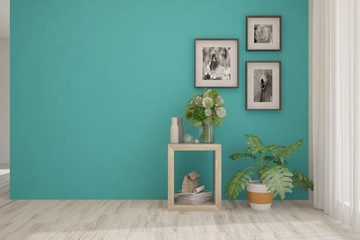 Empty room in blue color with home decor. Scandinavian interior design. 3D illustration