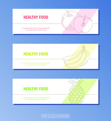 Set of banners. Continuous line drawing of healthy food. Apple, banana, pineapple. Editable masks. Template for your design works. Vector illustration.