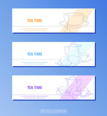 Set of banners. Continuous line drawing of tea cup, tea set. Editable masks. Template for your design works. Vector illustration.