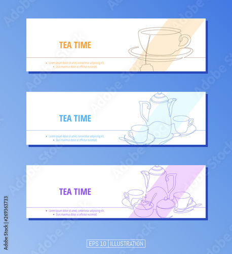 Set Of Banners Continuous Line Drawing Of Tea Cup Tea Set