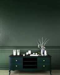 interior design for living area or reception with grey carpet , armchair,plant,cabinet on wooden...