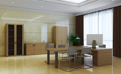 modern cabinet with marble walls and a large window. business background. 3D rendering.