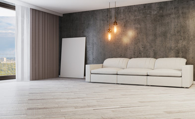 Empty modern interior with large window. Retro light bulb. The floor is of white parquet. White sofa. Dark concrete wall.. 3D rendering