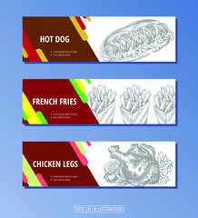 Set of banners. Hand drawn fast food. Hot dog. French fries. Chicken legs. Engraved style. Editable masks. Template for your design works. Vector illustration.