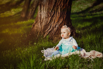 Adorable little girl first birthday photoshoot in a park