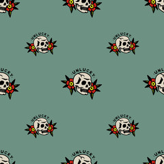 UNLUCKY SKULL FLOWERS TRADITIONAL TATTOO SEAMLESS PATTERN COLOR BACKGROUND