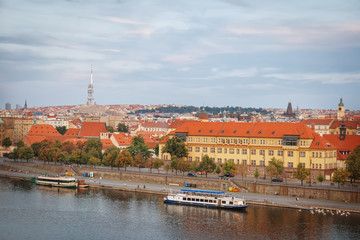 Fototapeta premium View of old Prague, the Vltava river and the embankment. Czech Republic.