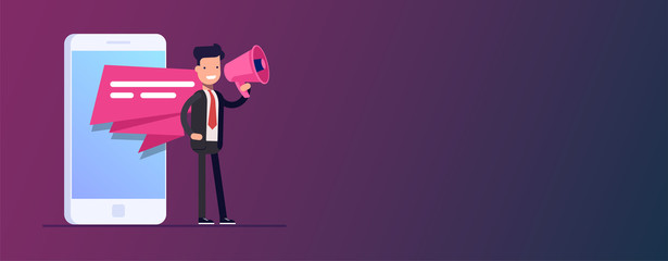 Mobile advertising concept. Businessman or manager speaks into a megaphone. Pop-up notification on the screen of a mobile phone or smartphone. Advertising campaign. Vector illusytation in flat style.
