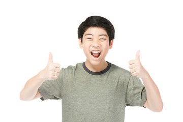 Asian excited boy in green-shirt giving thumbs-up.