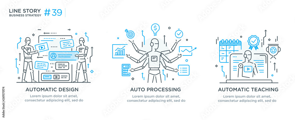 Wall mural set of illustrations concept with businessmen. technology, partnership, connection, business robot, 