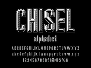 Chisel style alphabet design with uppercase, lowercase, number and symbols