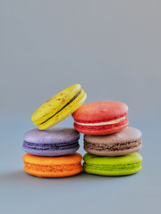 colorful macaroons isolated on gray background. sweet biscuit. Traditional cake	
