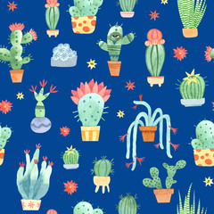 Watercolor cacti seamless pattern on blue. Vector background.